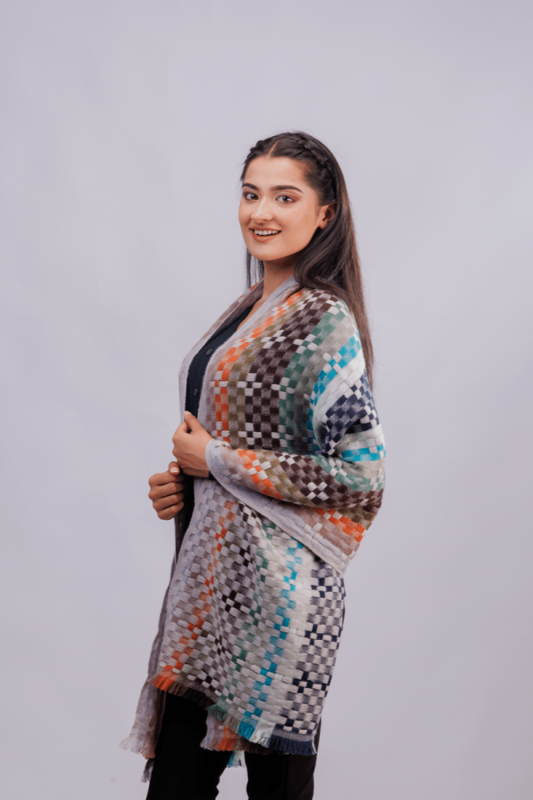 Printed Stole Rivers — Multicolour Checkered Wrap with 4-Side Fringes