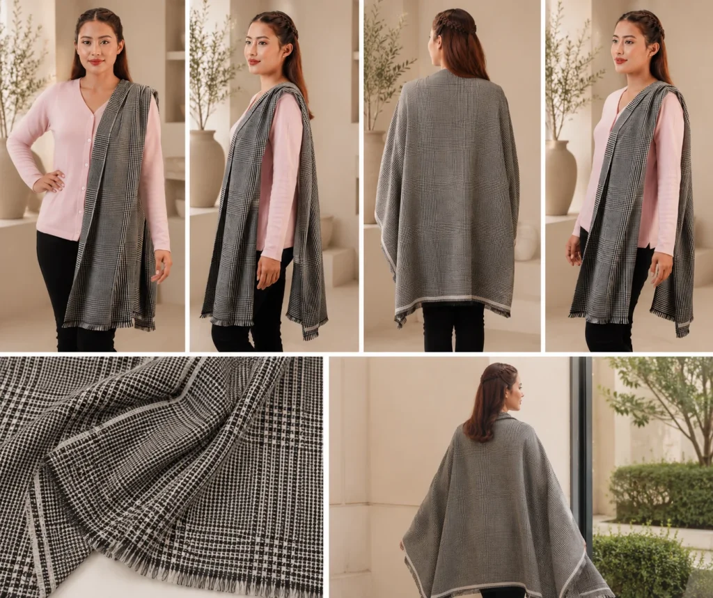 Pashmina stole in heritage check charcoal — handwoven in Nepal, an elegant luxury gift for women