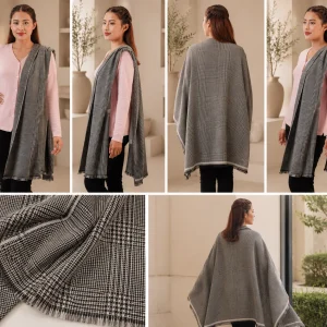 Pashmina Stole in Classic Heritage Check charcoal, handwoven in Nepal from pure Himalayan pashmina
