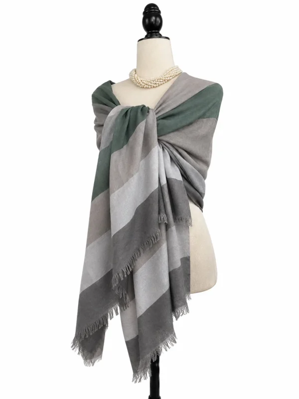 Color-Block Striped Pashmina Shawl – Forest Green & Grey