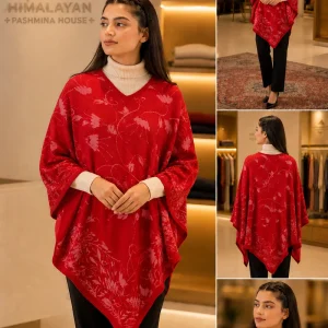 Himalayan Pashmina Poncho Floral Jacquard Handwoven Nepal – Crimson Red