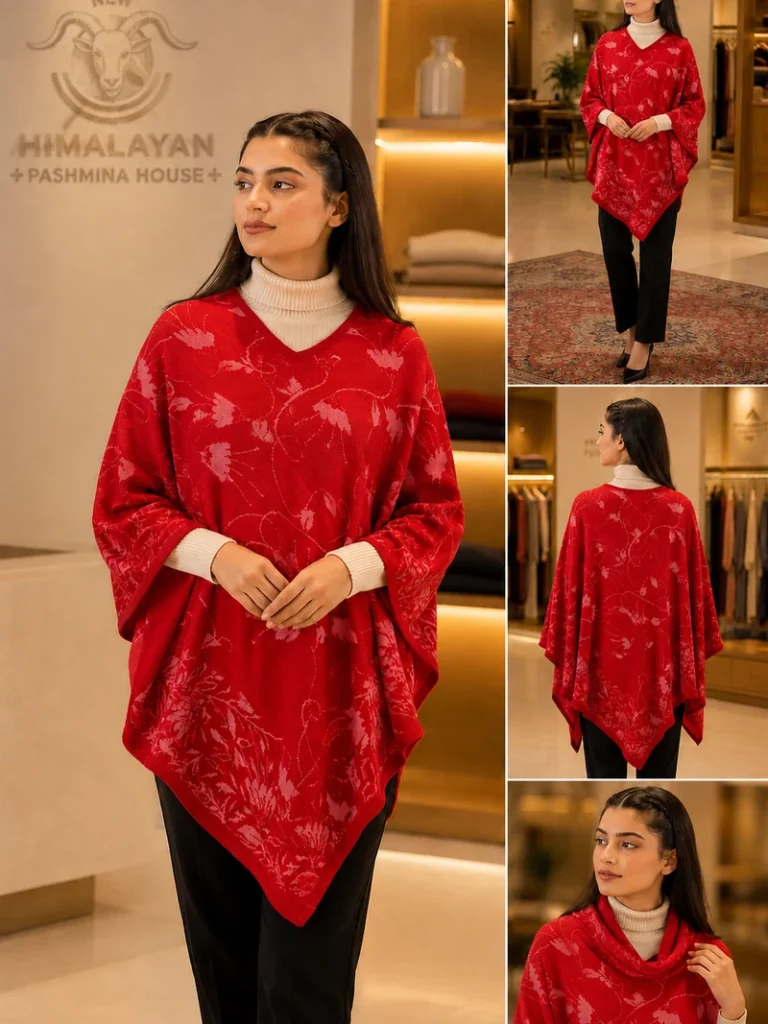 Himalayan Pashmina Poncho Floral Jacquard Handwoven Nepal – Crimson Red