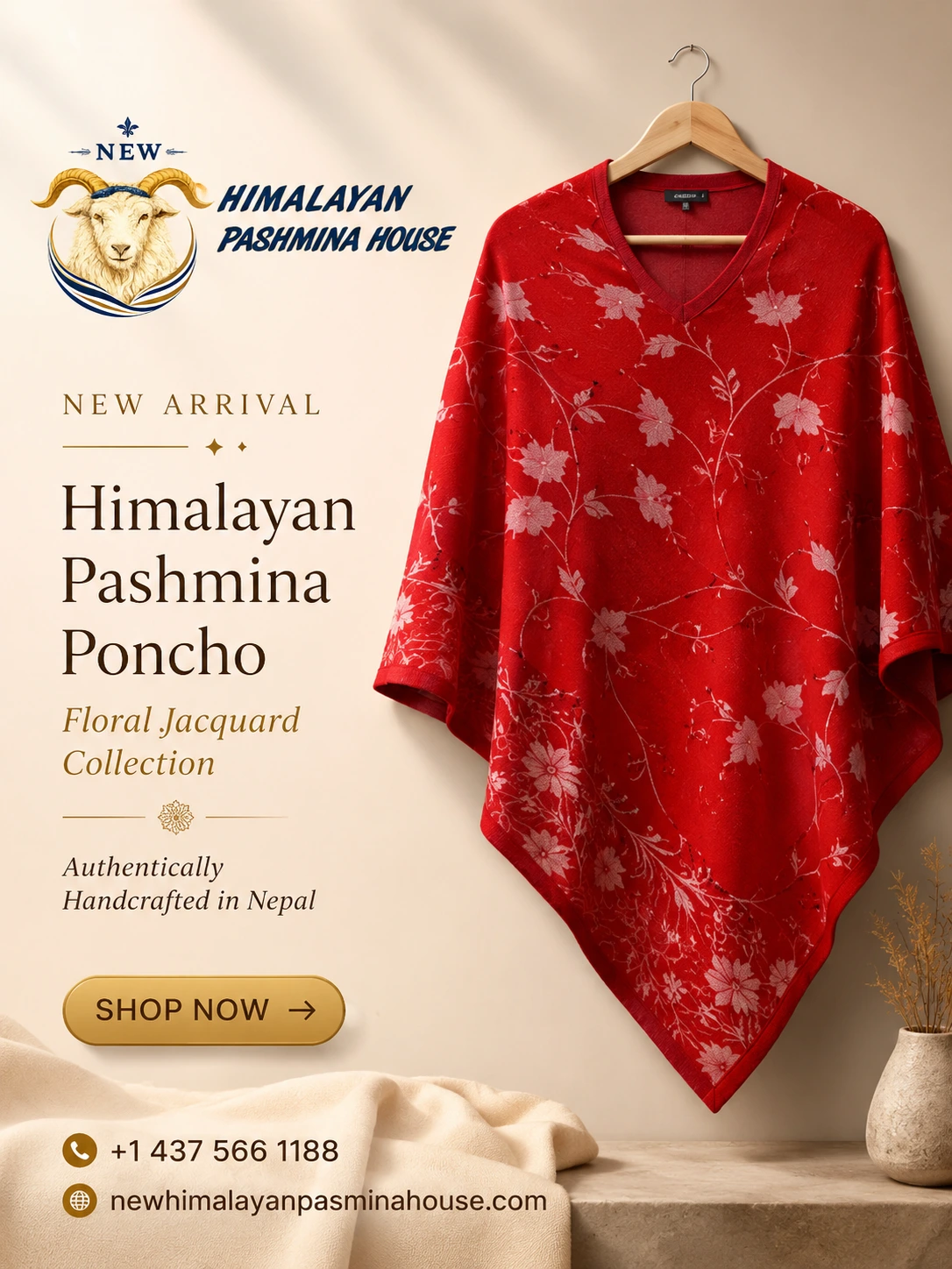 Himalayan Pashmina Poncho – Floral Jacquard Collection | Artisan Handwoven - Image 3