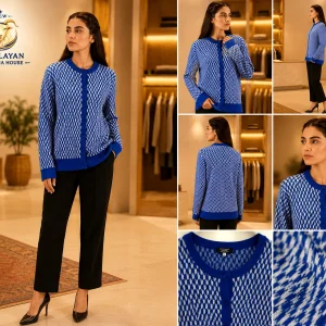 Women's luxury Himalayan cashmere sweater in royal blue argyle knit – multi-angle product view