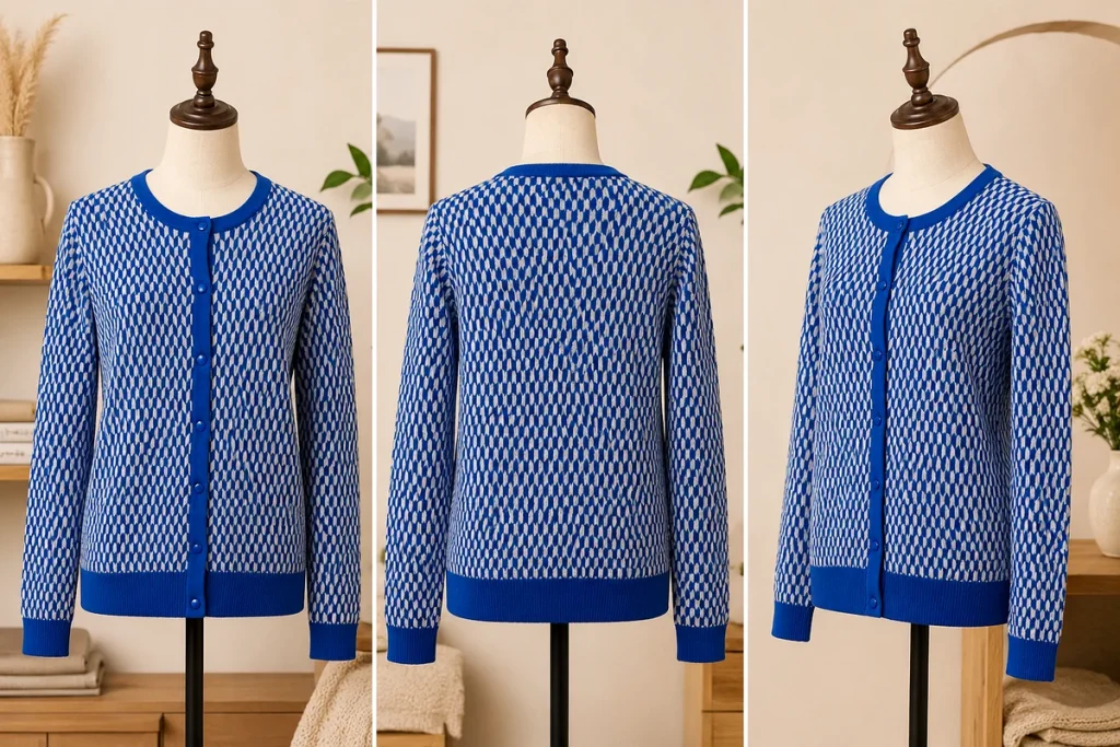Women's Himalayan cashmere sweater – front, back and side view on mannequin showing royal blue argyle knit detail