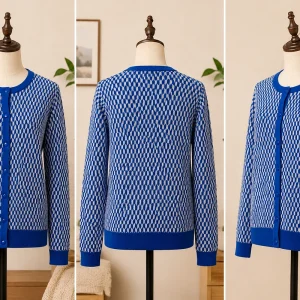 Women's Himalayan cashmere sweater – front, back and side view on mannequin showing royal blue argyle knit detail
