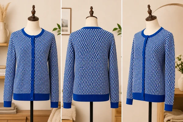 Women's Himalayan cashmere sweater – front, back and side view on mannequin showing royal blue argyle knit detail