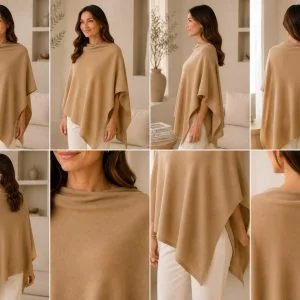 Women's Side Neck Himalayan Pashmina Poncho in luxury camel beige, shown from multiple angles — handwoven from 100% pure Himalayan pashmina