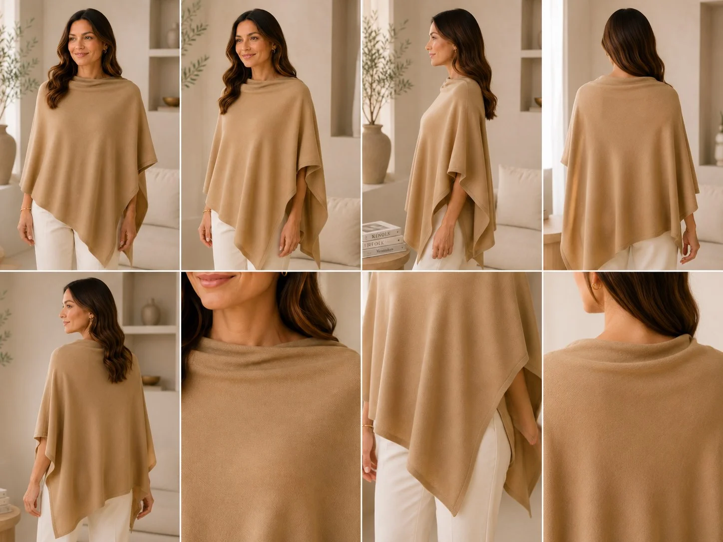 Women's Side Neck Pashmina Poncho – Camel Beige, handwoven Himalayan pashmina