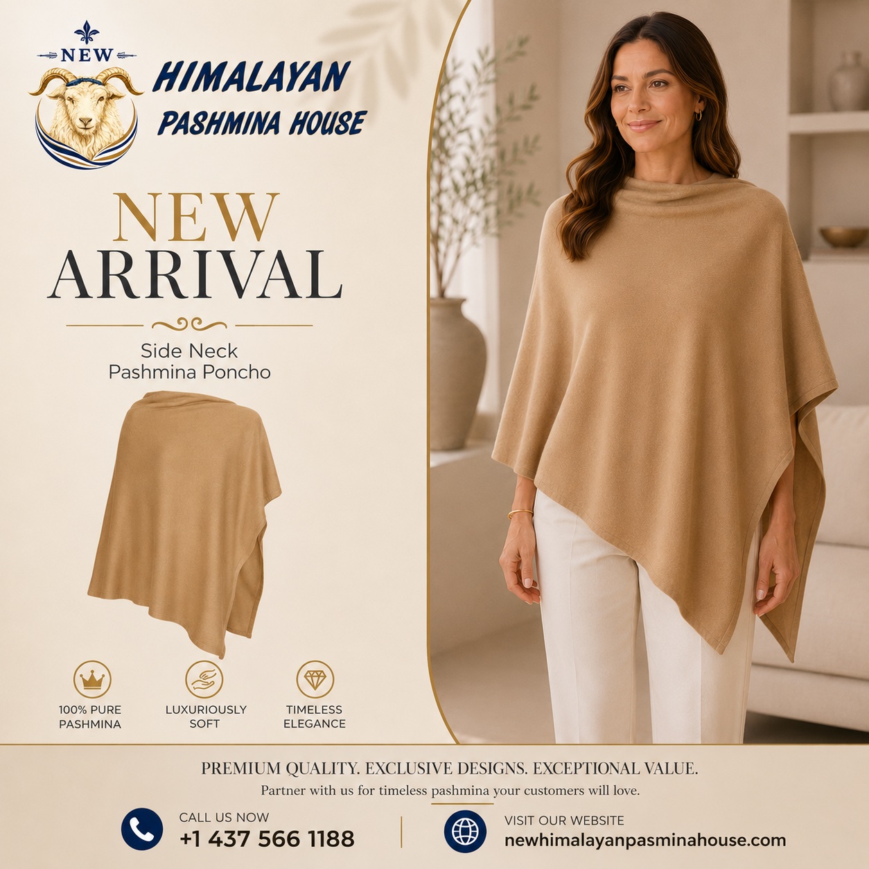 Women's side neck pashmina poncho in warm beige colour, handcrafted from 100% pure Himalayan pashmina