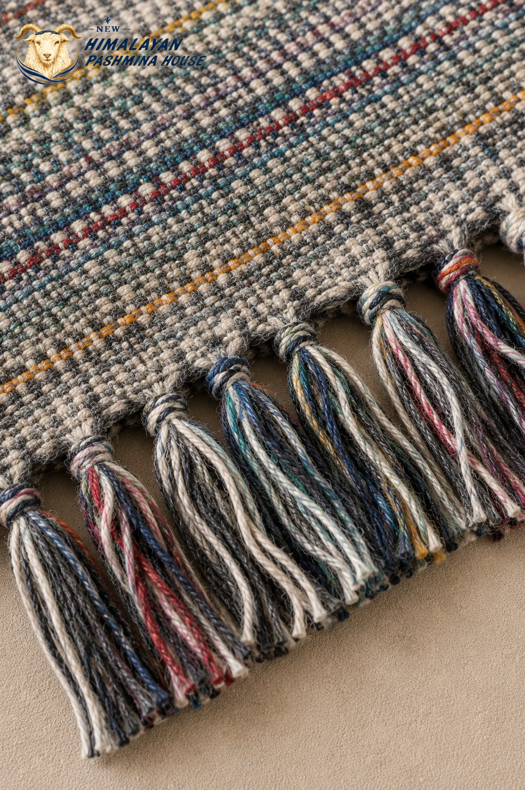 Handknotted tassel fringe detail — grey reversible pashmina blanket