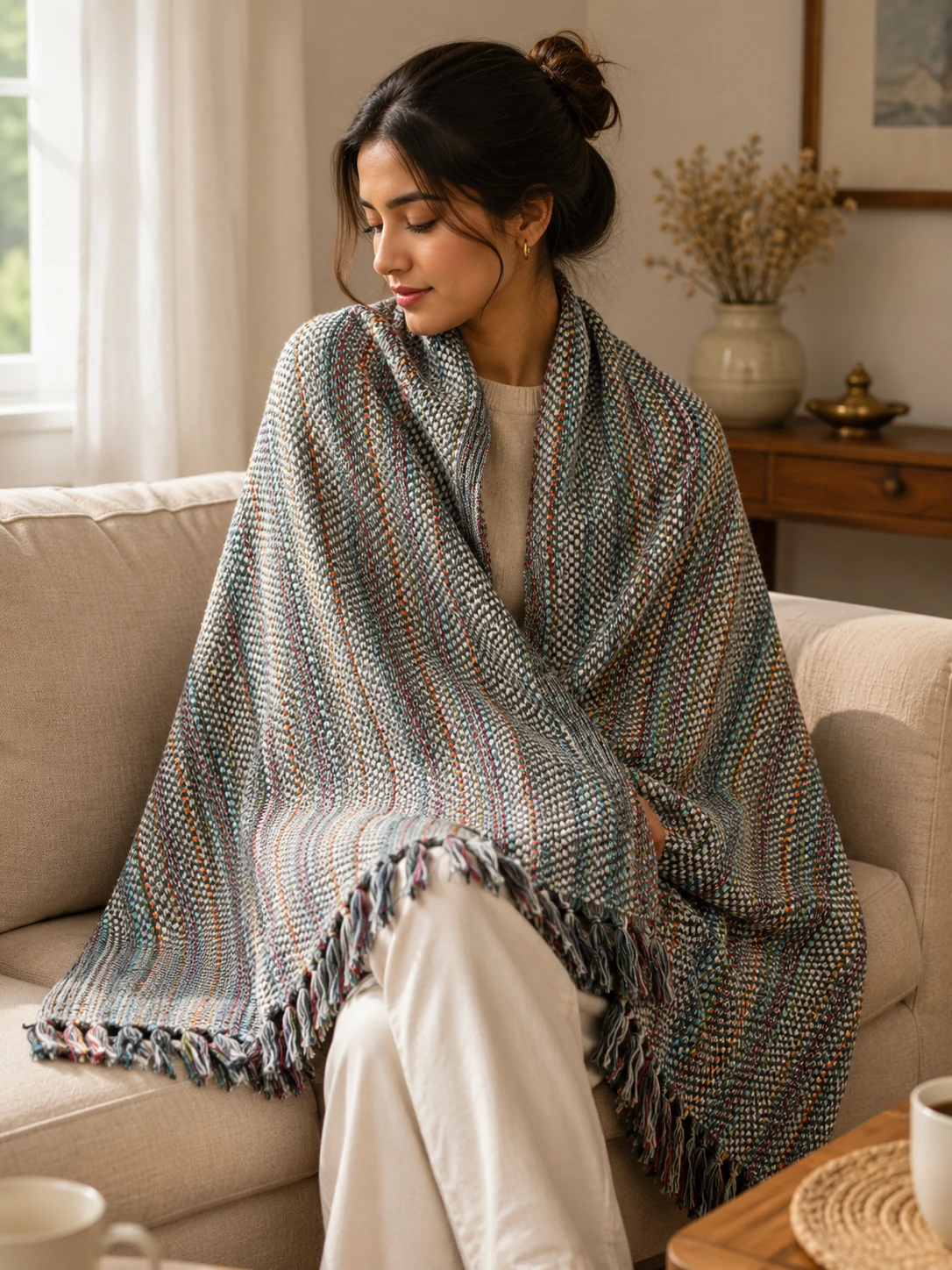 Woman wrapped in grey reversible pashmina blanket on sofa