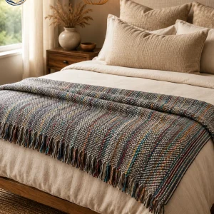 Grey reversible pashmina throw blanket on bed