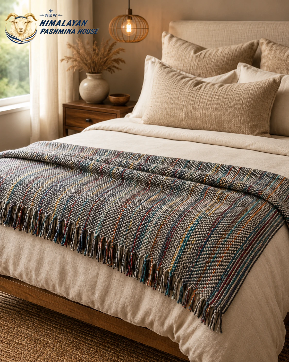 Grey reversible pashmina throw blanket on bed