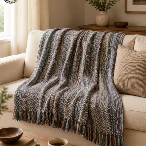 Grey woven pashmina blanket draped over sofa in living room