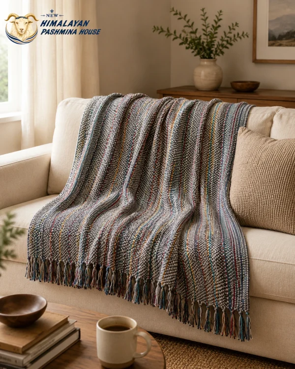 Grey woven pashmina blanket draped over sofa in living room