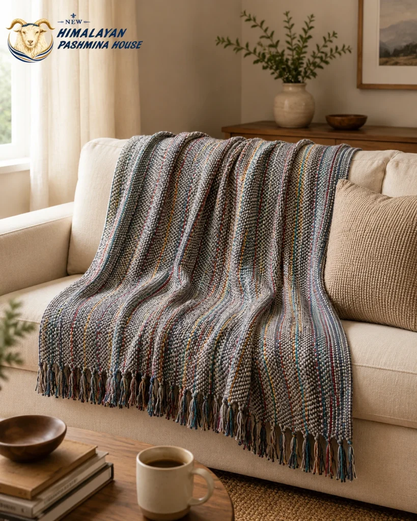 Grey woven pashmina blanket draped over sofa in living room