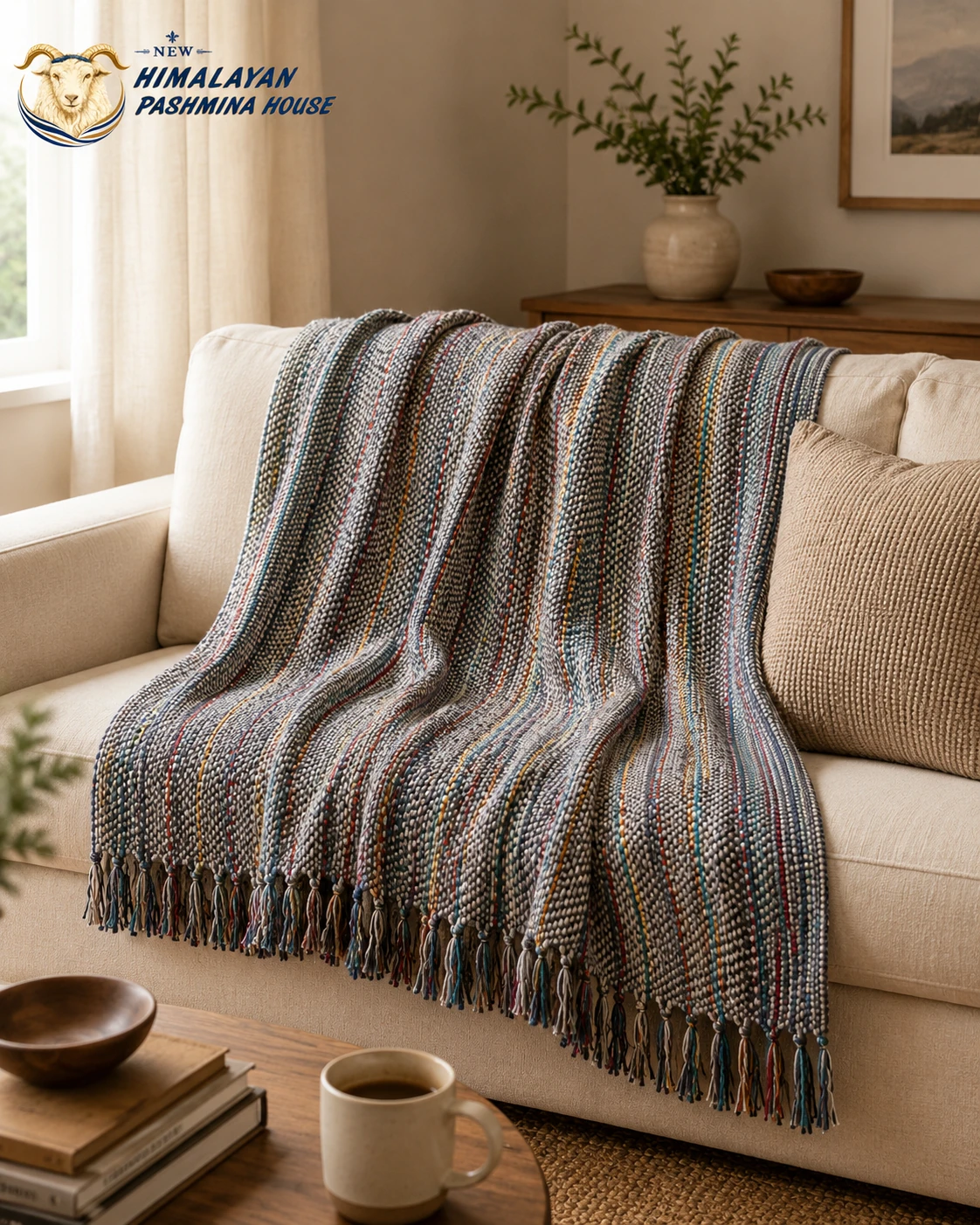 Grey woven pashmina blanket draped over sofa in living room