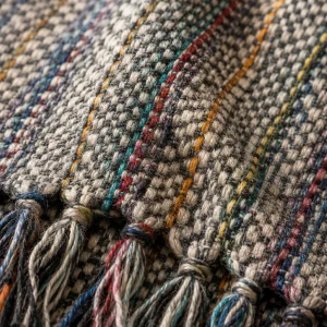 Close-up texture of grey woven pashmina blanket with fringe