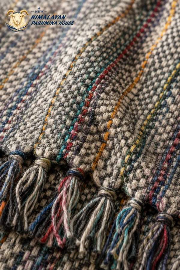 Close-up texture of grey woven pashmina blanket with fringe