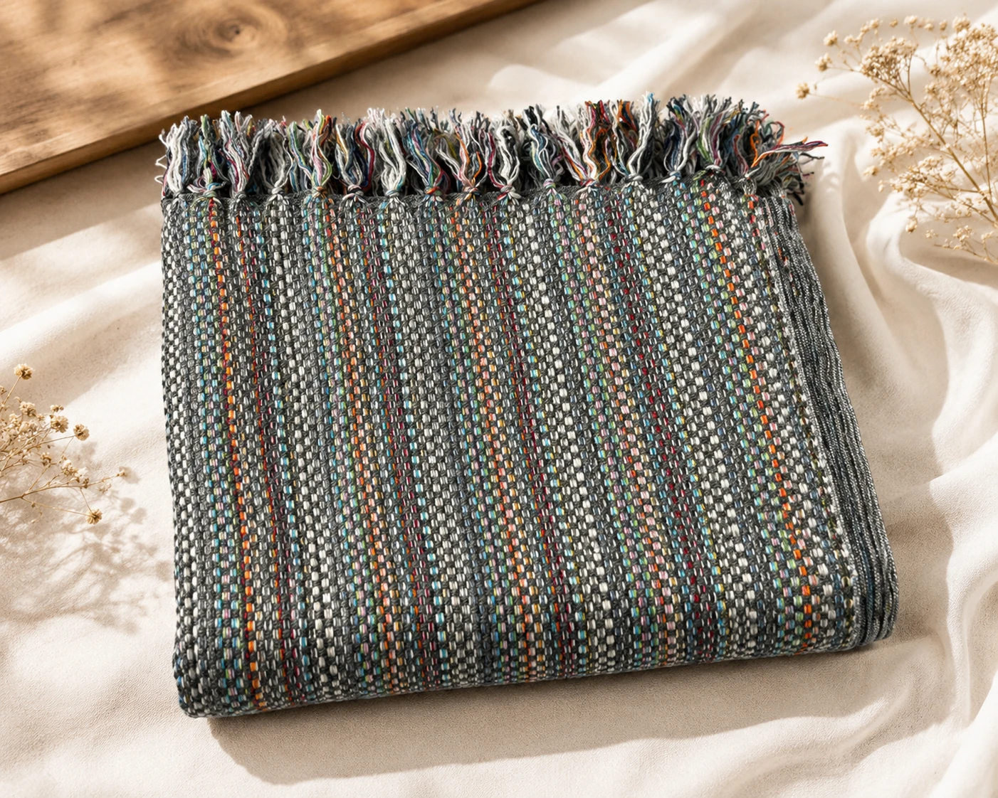 Reversible pashmina blanket grey woven folded — New Himalayan Pashmina House