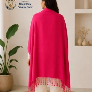 Pink pashmina stole back view showing full drape and fringe