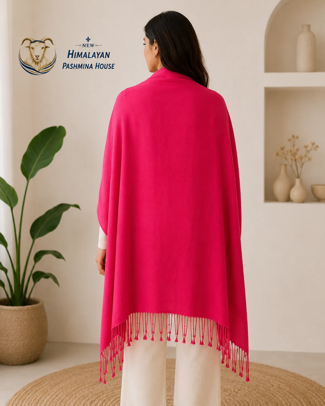 Pink pashmina stole back view showing full drape and fringe