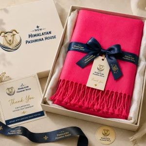 Pink pashmina stole presented in New Himalayan Pashmina House gift packaging