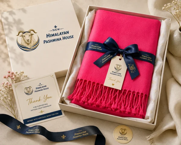 Pink pashmina stole presented in New Himalayan Pashmina House gift packaging