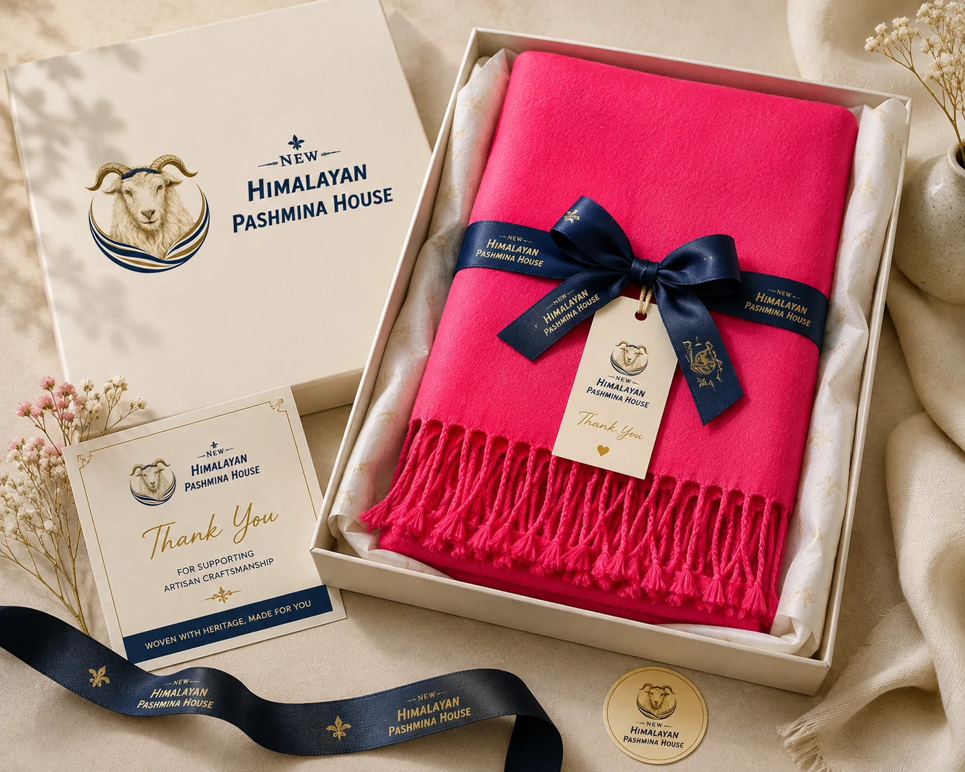 Pink pashmina stole presented in New Himalayan Pashmina House gift packaging