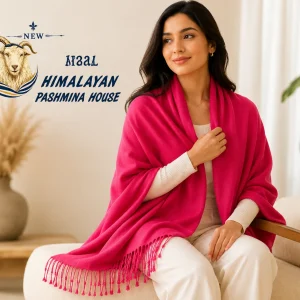 Handwoven pink pashmina stole from Nepal draped over shoulders