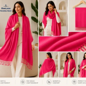 Pink pashmina stole shown from multiple angles with craftsmanship detail