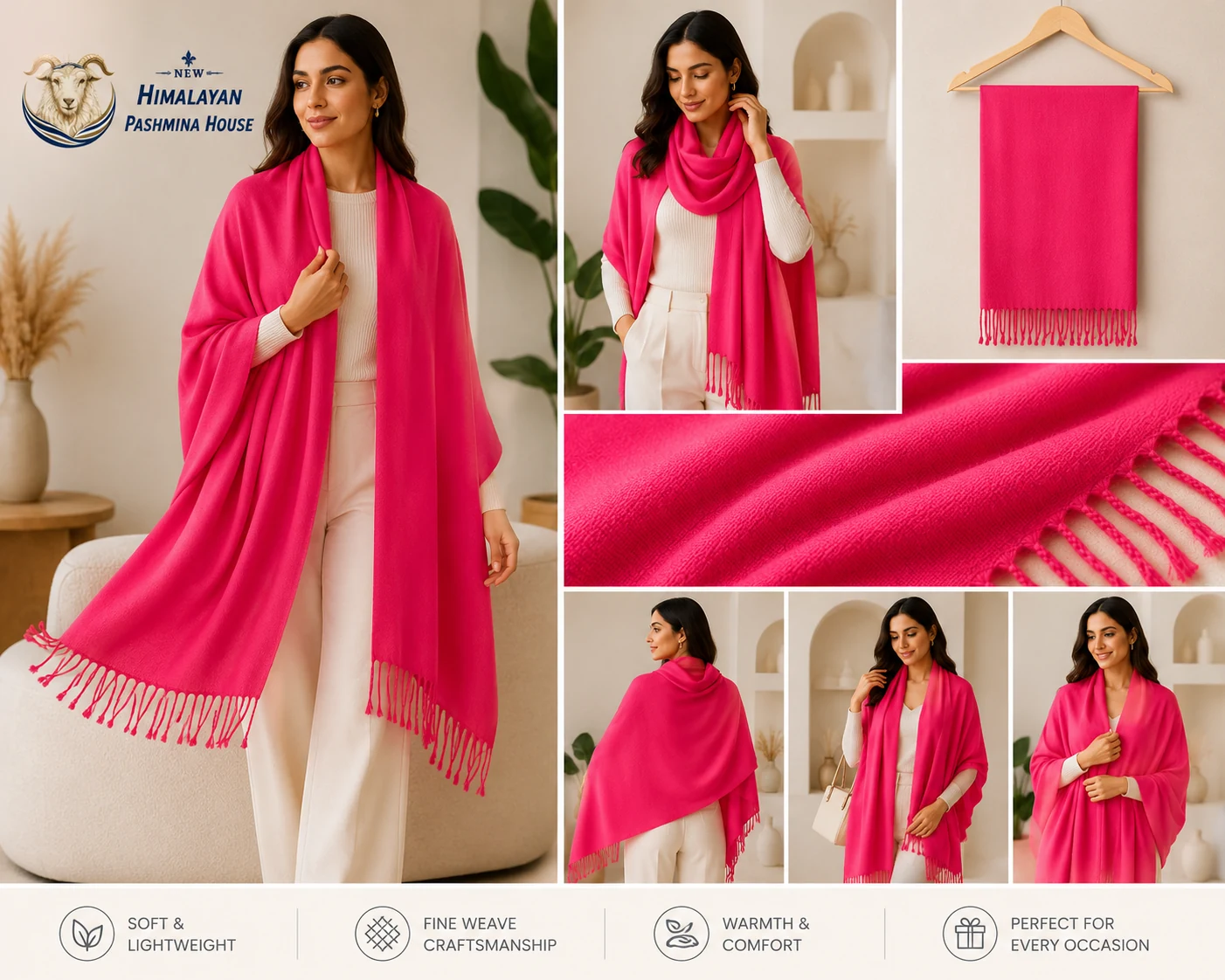 Pink pashmina stole shown from multiple angles with craftsmanship detail