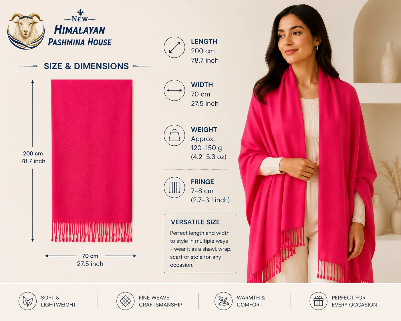 Pink pashmina stole size and dimensions – 200 cm × 70 cm