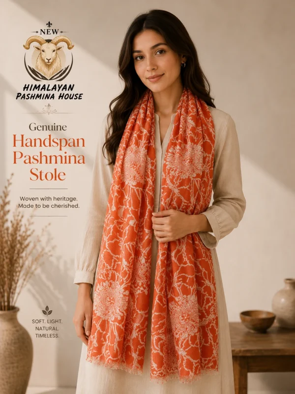 Orange floral handwoven pashmina stole draped elegantly — Himalayan Pashmina House