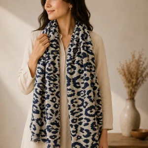 Handwoven pashmina stole with intricate paisley print pattern — back view on model